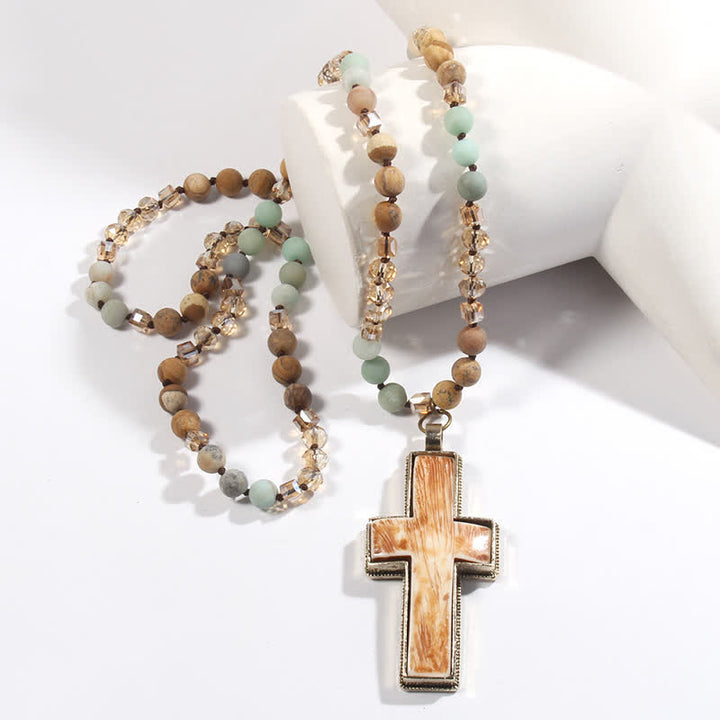 Olivenorma Natural Stone Beads Resin Cross Pendant Necklace - image 2