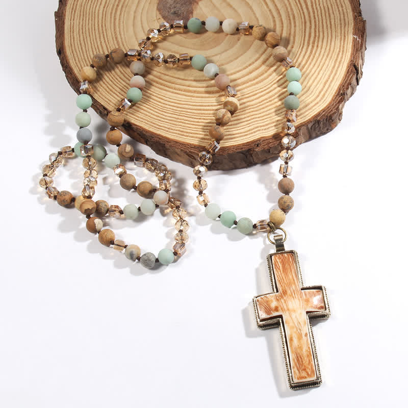 Olivenorma Natural Stone Beads Resin Cross Pendant Necklace - image 1