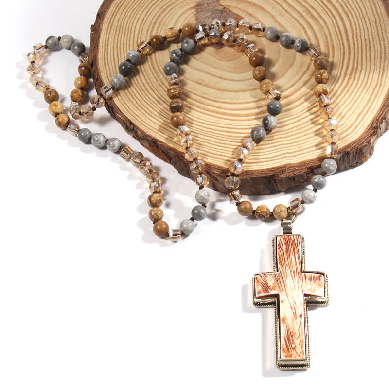 Olivenorma Natural Stone Beads Resin Cross Pendant Necklace - image 9