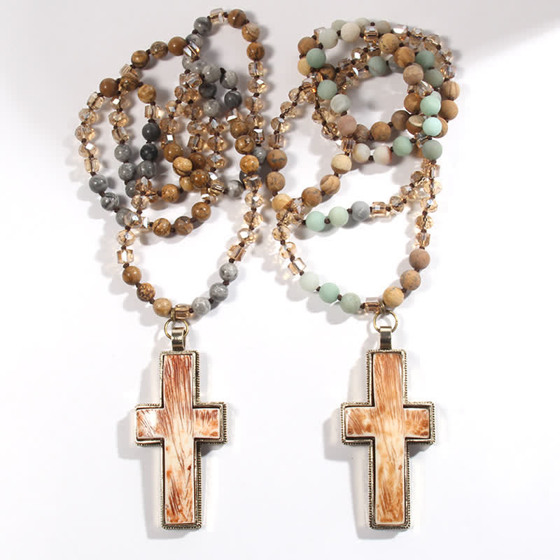 Olivenorma Natural Stone Beads Resin Cross Pendant Necklace - image 20