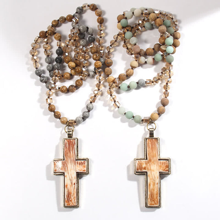 Olivenorma Natural Stone Beads Resin Cross Pendant Necklace - image 20