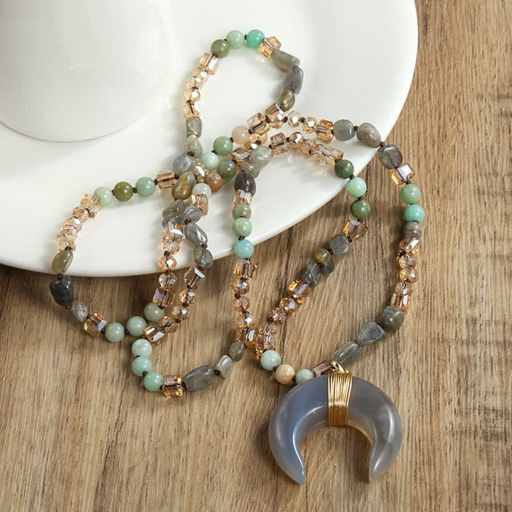 Olivenorma Natural Crystal Beads Ox Horn Crescent Pendant Necklace - image 1