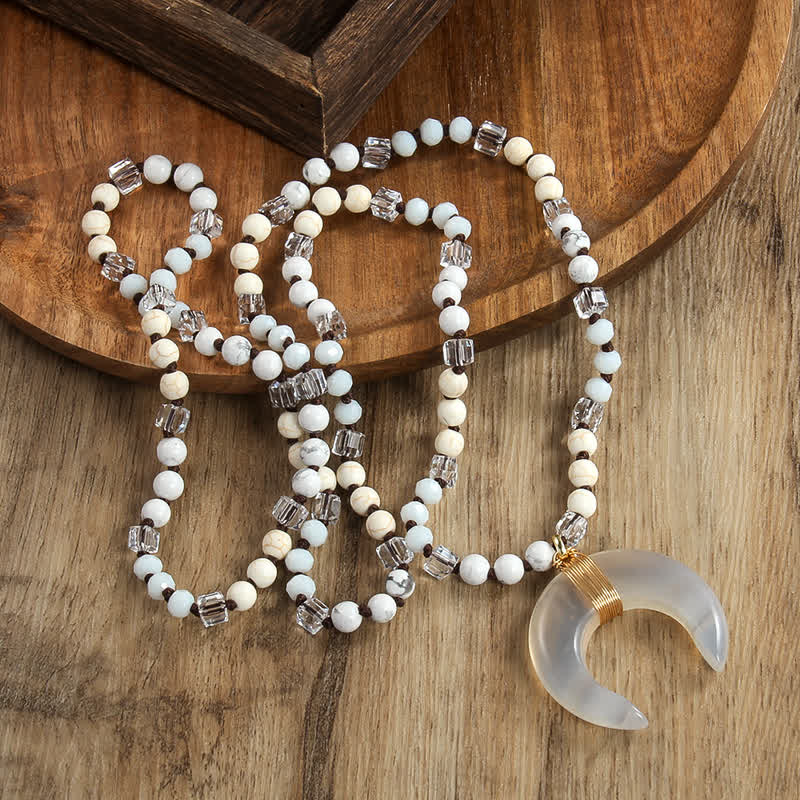Olivenorma Natural Crystal Beads Ox Horn Crescent Pendant Necklace - White Chalcedony - image 2