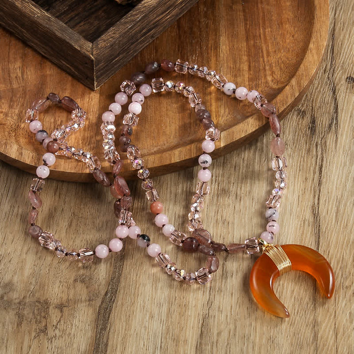 Olivenorma Natural Crystal Beads Ox Horn Crescent Pendant Necklace - Red Agate - image 5