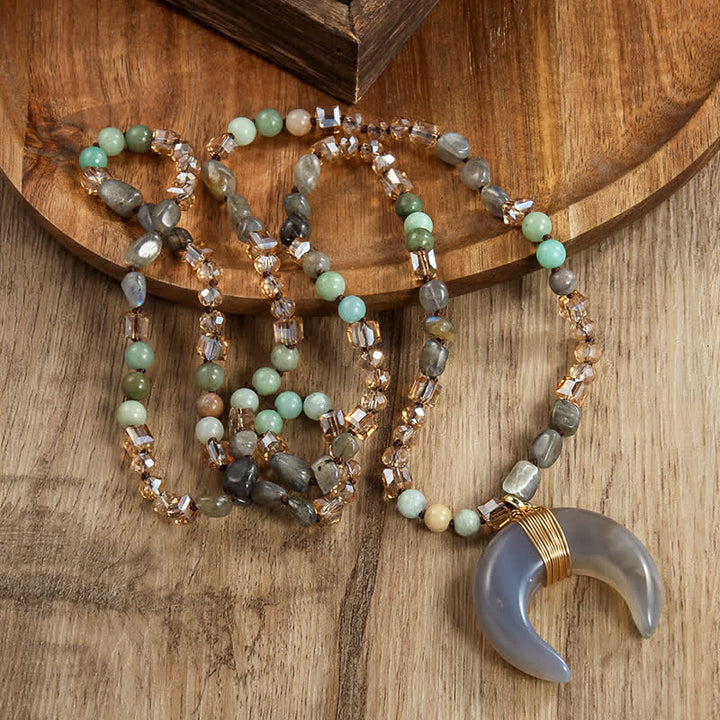 Olivenorma Natural Crystal Beads Ox Horn Crescent Pendant Necklace - Grey Agate - image 0