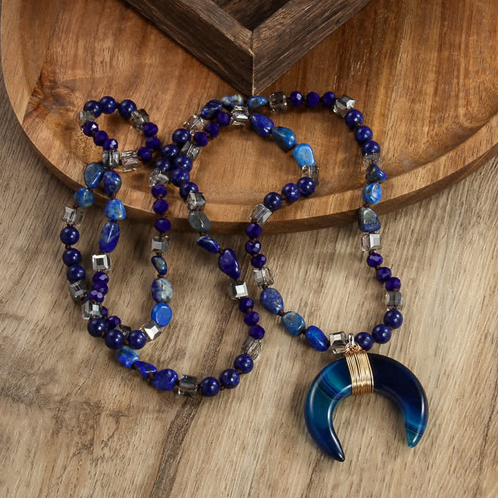 Olivenorma Natural Crystal Beads Ox Horn Crescent Pendant Necklace - Blue Agate - image 12