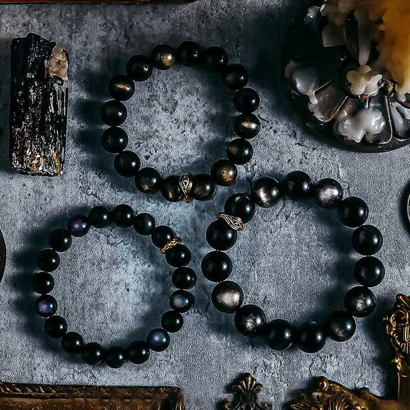 Olivenorma Natural Gold Silver Obsidian Evil Eye Beaded Bracelet - image 13