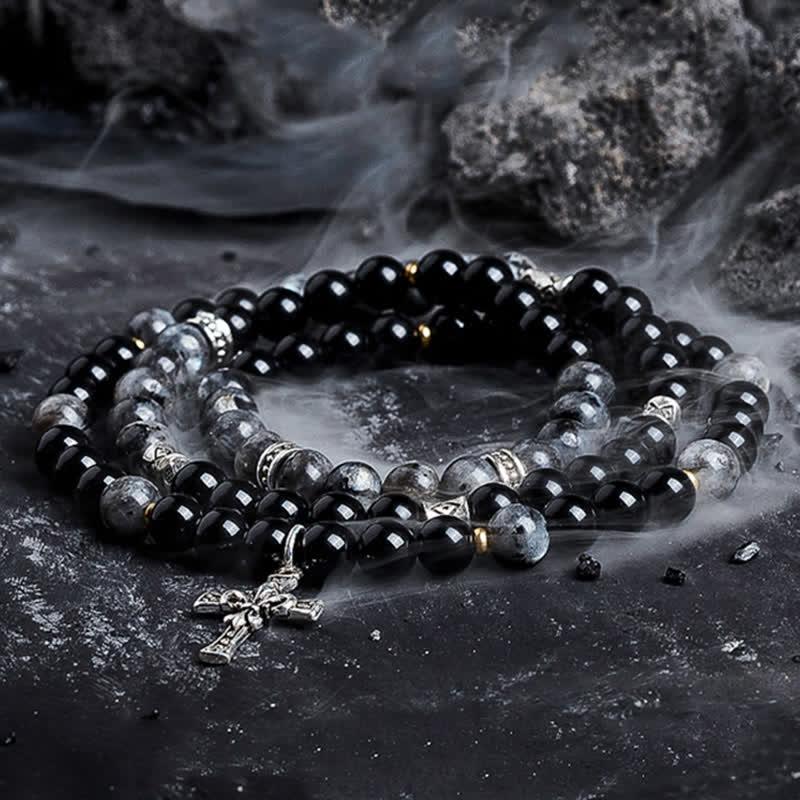 Olivenorma Lava Stone Black Labradorite Men's Beaded Bracelet - Black Labradorite & Obsidian - 18cm - image 6