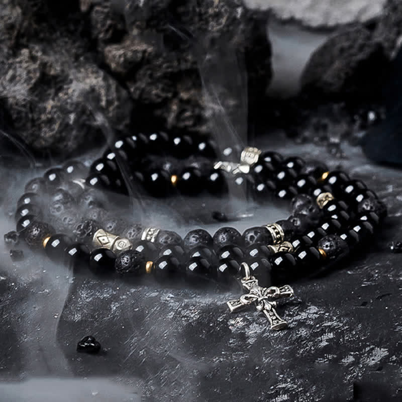 Olivenorma Lava Stone Black Labradorite Men's Beaded Bracelet - Lava Stone & Obsidian - 18cm - image 0