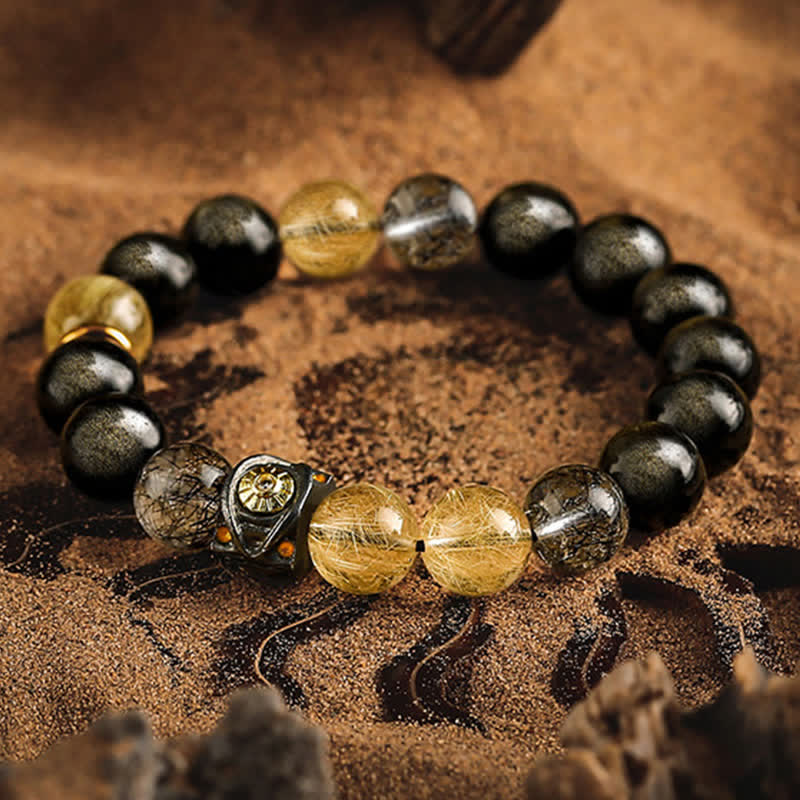 Olivenorma Obsidian Gold Rutilated Quartz Men's Beaded Bracelet - image 4