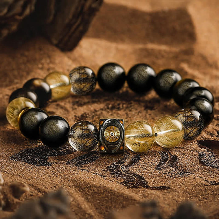 Olivenorma Obsidian Gold Rutilated Quartz Men's Beaded Bracelet - Gold Obsidian & Gold Rutilated Quartz - 17-18cm - image 0