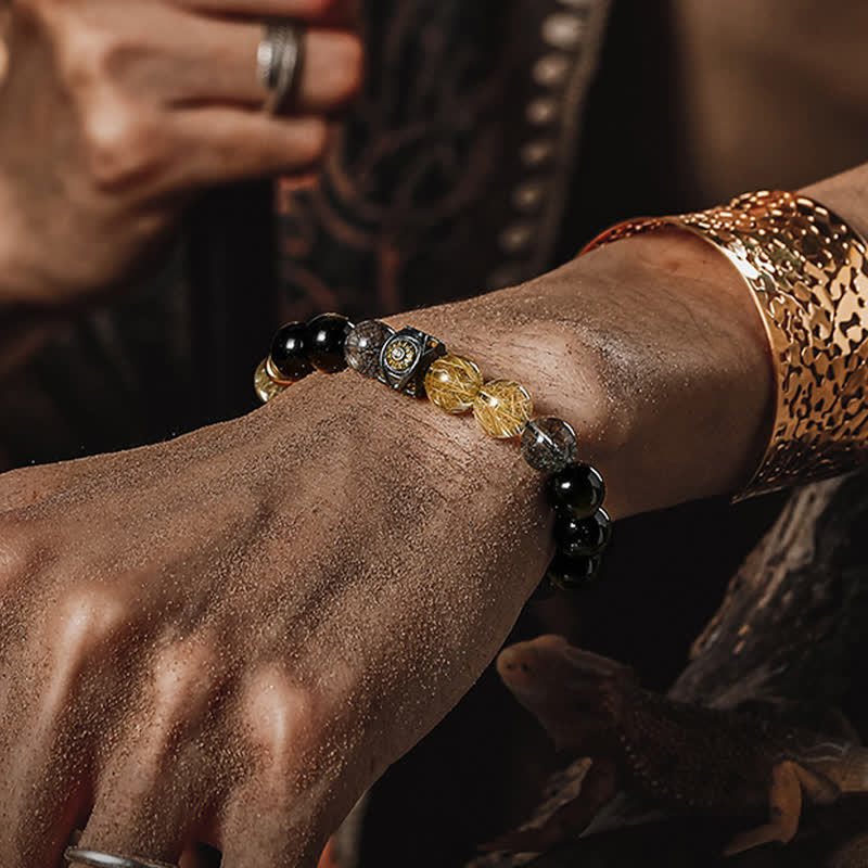 Olivenorma Obsidian Gold Rutilated Quartz Men's Beaded Bracelet - image 2
