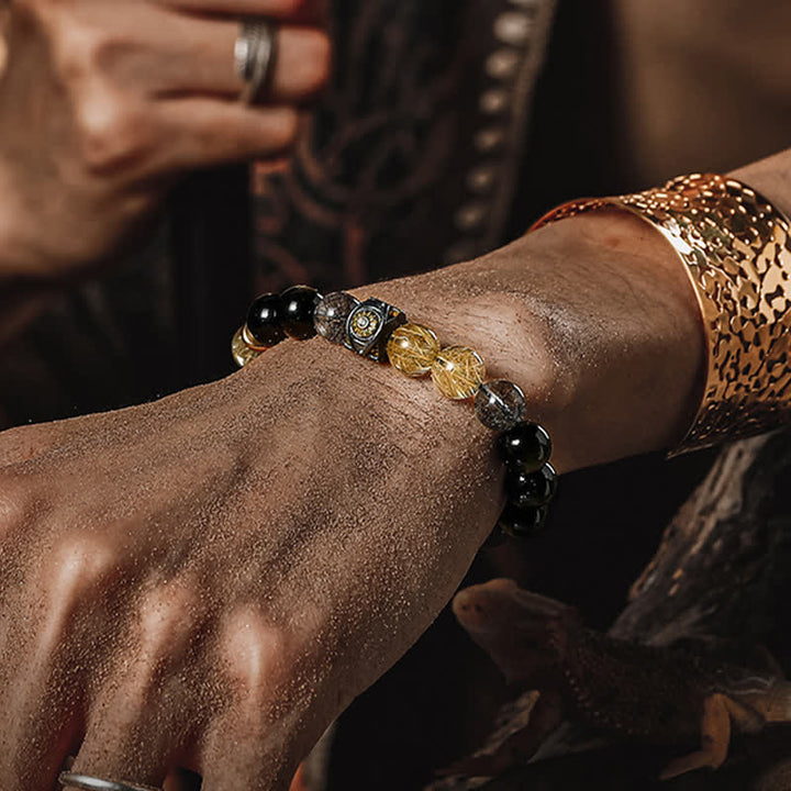 Olivenorma Obsidian Gold Rutilated Quartz Men's Beaded Bracelet - image 2