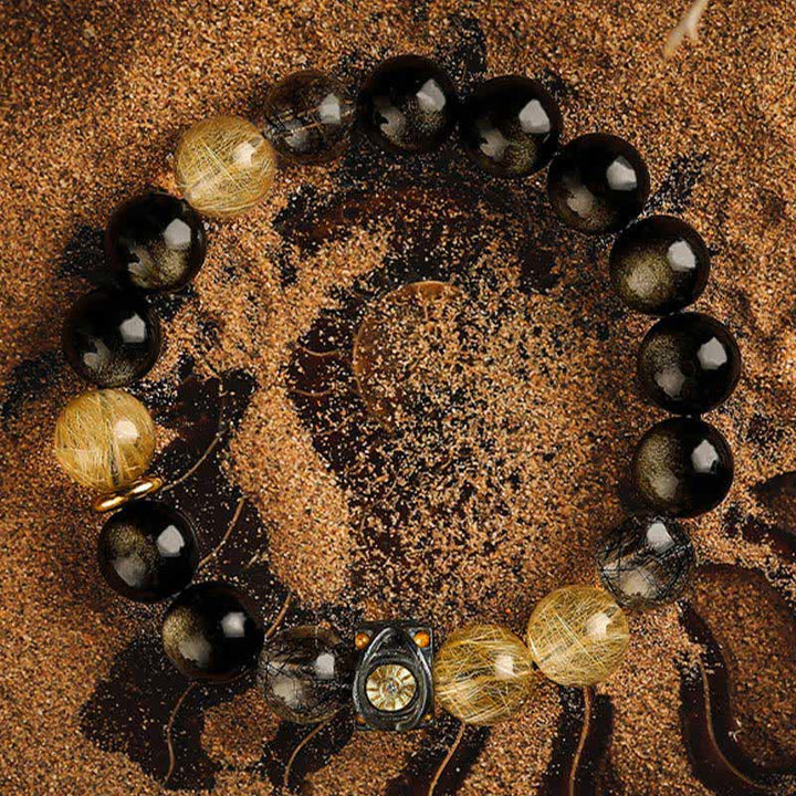 Olivenorma Obsidian Gold Rutilated Quartz Men's Beaded Bracelet - image 5