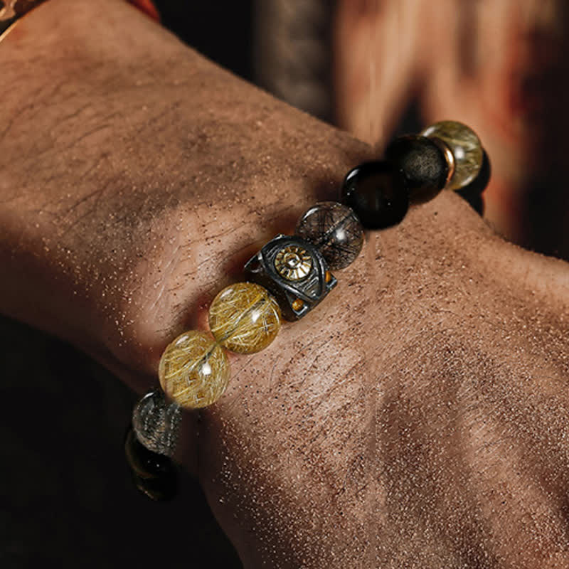 Olivenorma Obsidian Gold Rutilated Quartz Men's Beaded Bracelet - image 1