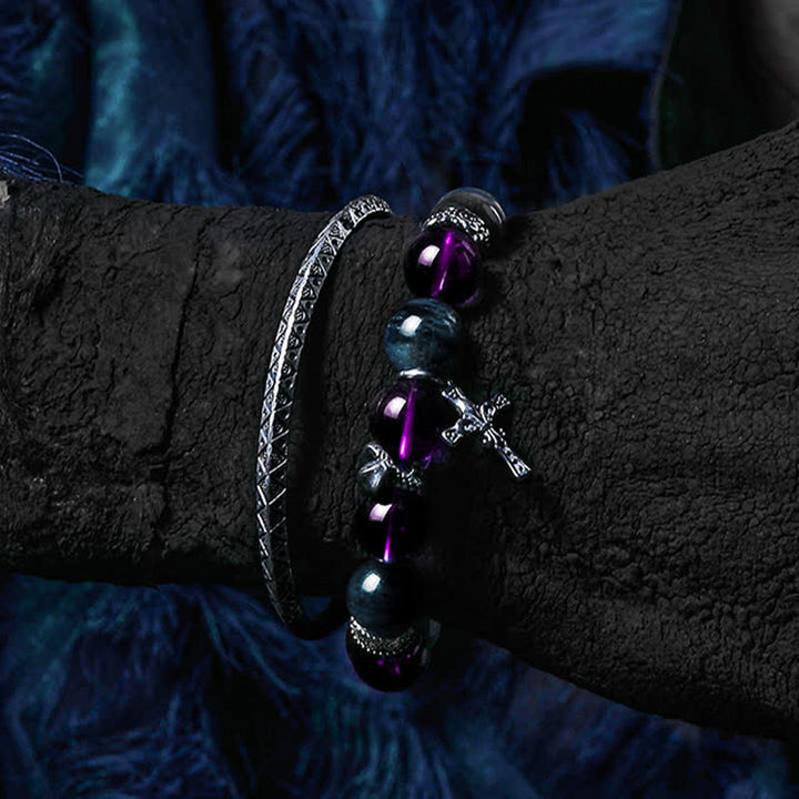 Olivenorma Amethyst Obsidian Blue Apatite Men's Beaded Bracelet - image 1