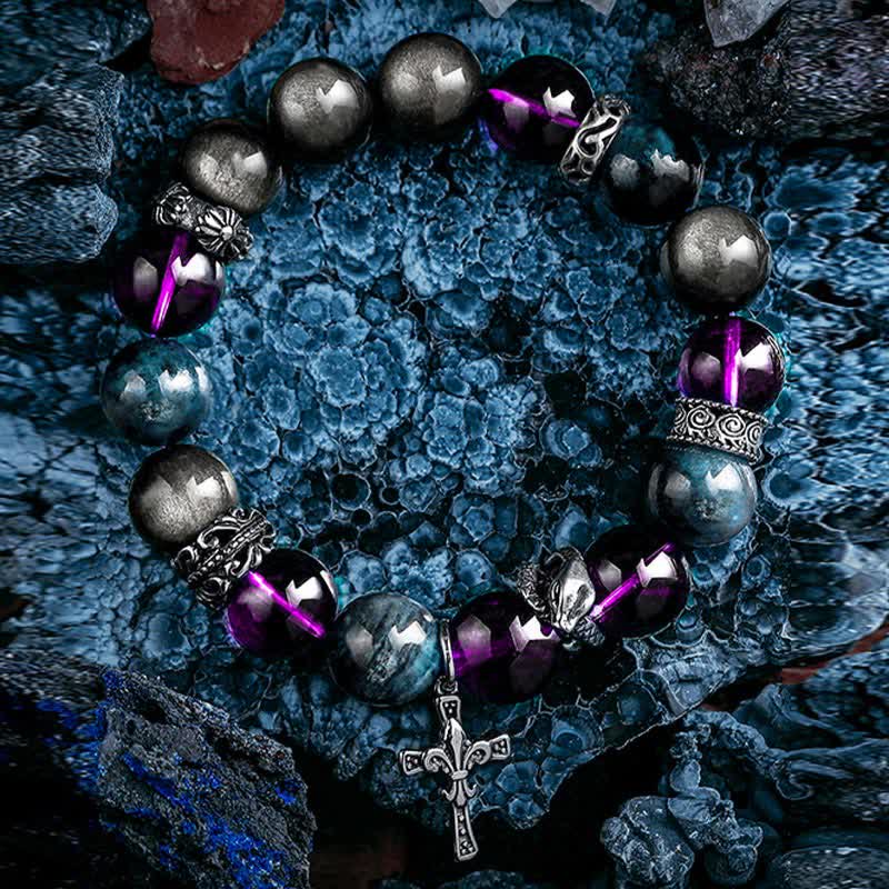 Olivenorma Amethyst Obsidian Blue Apatite Men's Beaded Bracelet - image 4