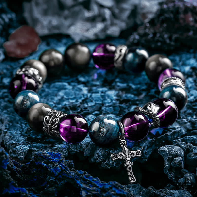 Olivenorma Amethyst Obsidian Blue Apatite Men's Beaded Bracelet - image 5