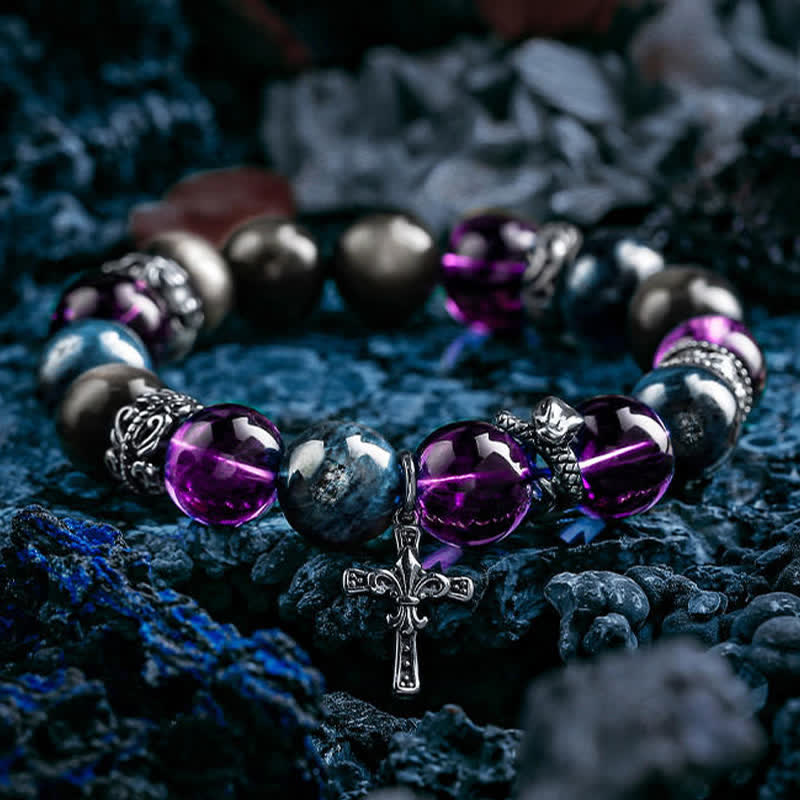 Olivenorma Amethyst Obsidian Blue Apatite Men's Beaded Bracelet - 17cm - image 0
