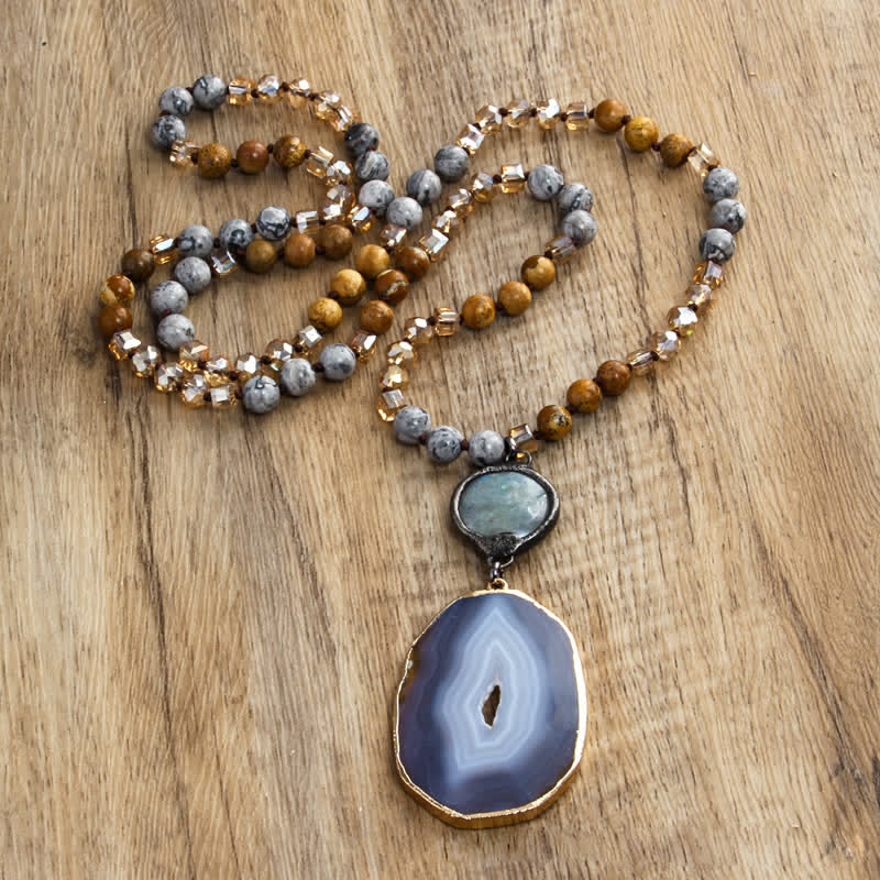 Olivenorma 8mm Beaded Bohemian Style Agate Pendant Necklace - Grey Jasper & Picture Jasper - image 7