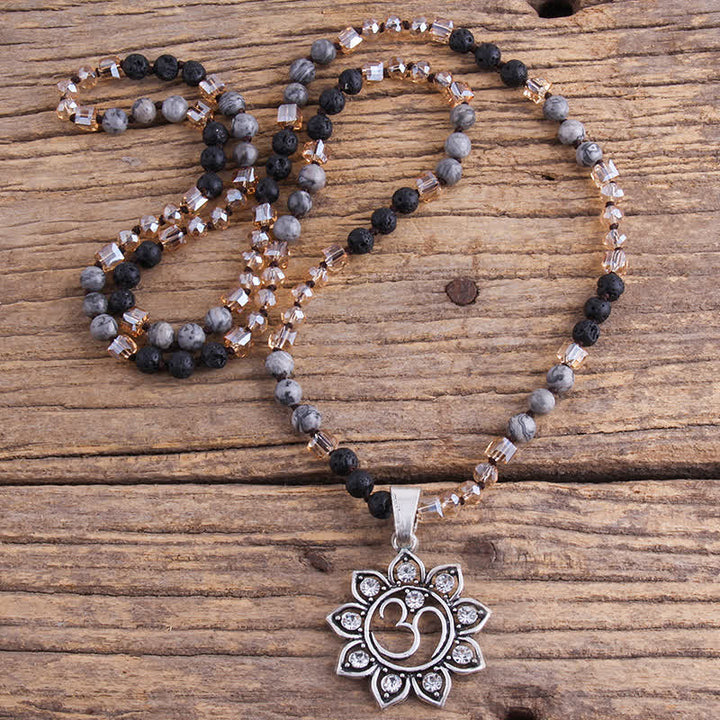 Olivenorma 8mm Natural Stone Beads Om Symbol Pendant Necklace - Grey Jasper & Lava Stone - image 0