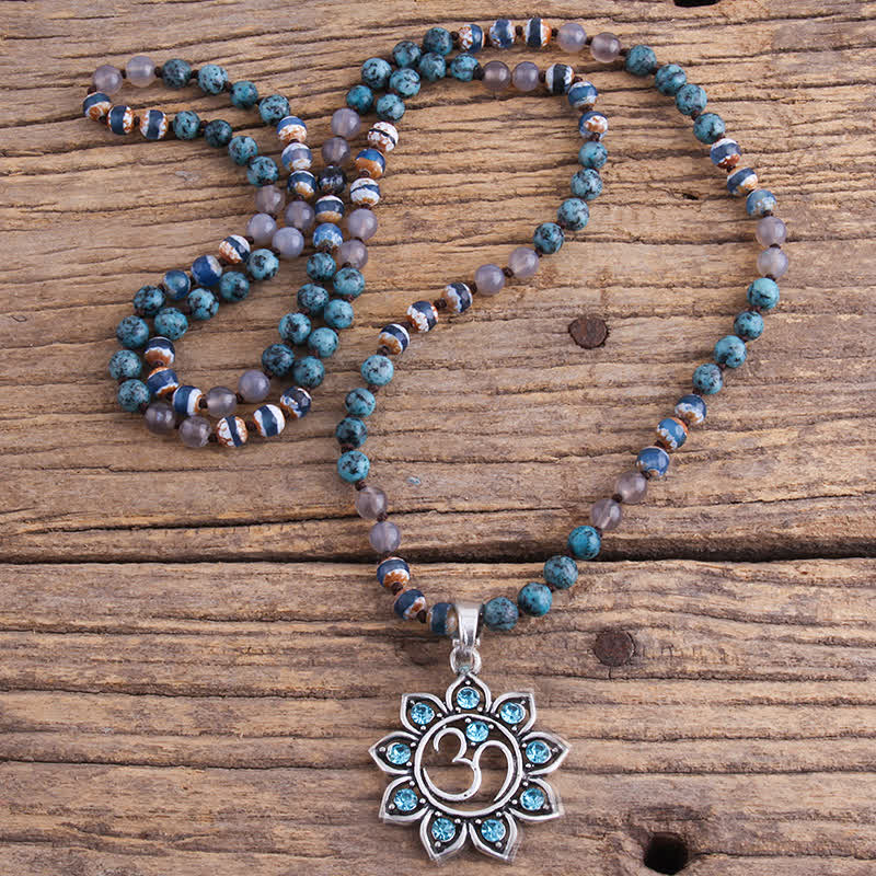Olivenorma 8mm Natural Stone Beads Om Symbol Pendant Necklace - Blue Turquoise & Grey Agate - image 10