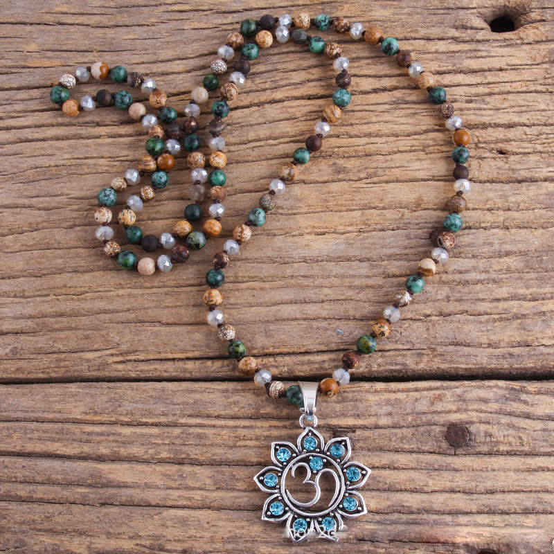 Olivenorma 8mm Natural Stone Beads Om Symbol Pendant Necklace - African Turquoise & Picture Jasper - image 3