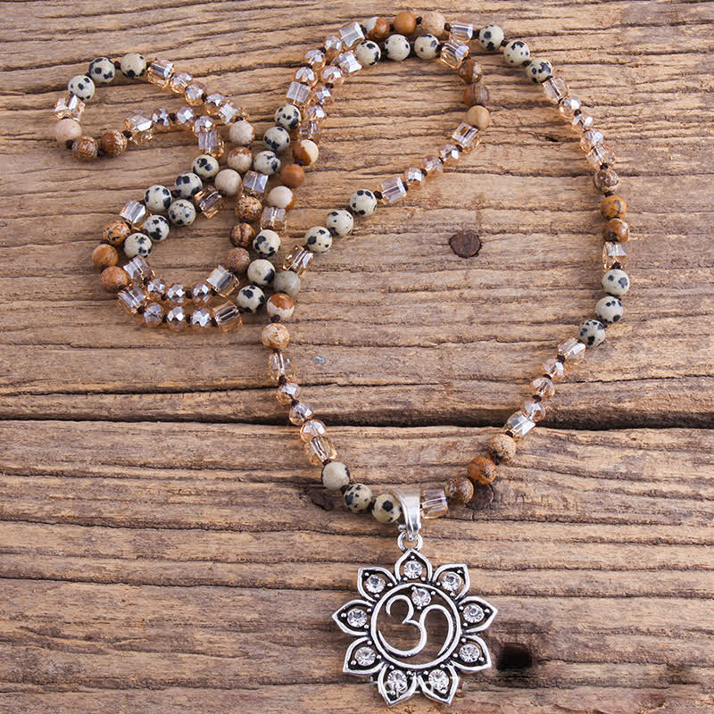 Olivenorma 8mm Natural Stone Beads Om Symbol Pendant Necklace - Dalmatian Jasper & Picture Jasper - image 7