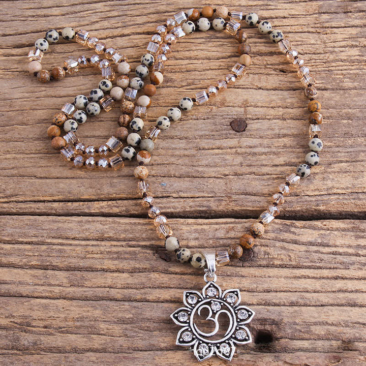 Olivenorma 8mm Natural Stone Beads Om Symbol Pendant Necklace - Dalmatian Jasper & Picture Jasper - image 7