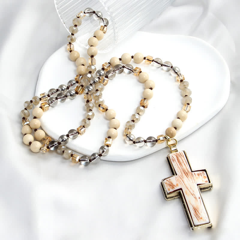 Olivenorma Natural Stone Beads Resin Cross Pendant Necklace - White Jade - image 11