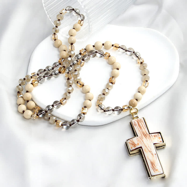 Olivenorma Natural Stone Beads Resin Cross Pendant Necklace - White Jade - image 11
