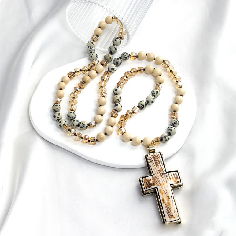 Olivenorma Natural Stone Beads Resin Cross Pendant Necklace - White Jade & Dalmatian Jasper - image 16