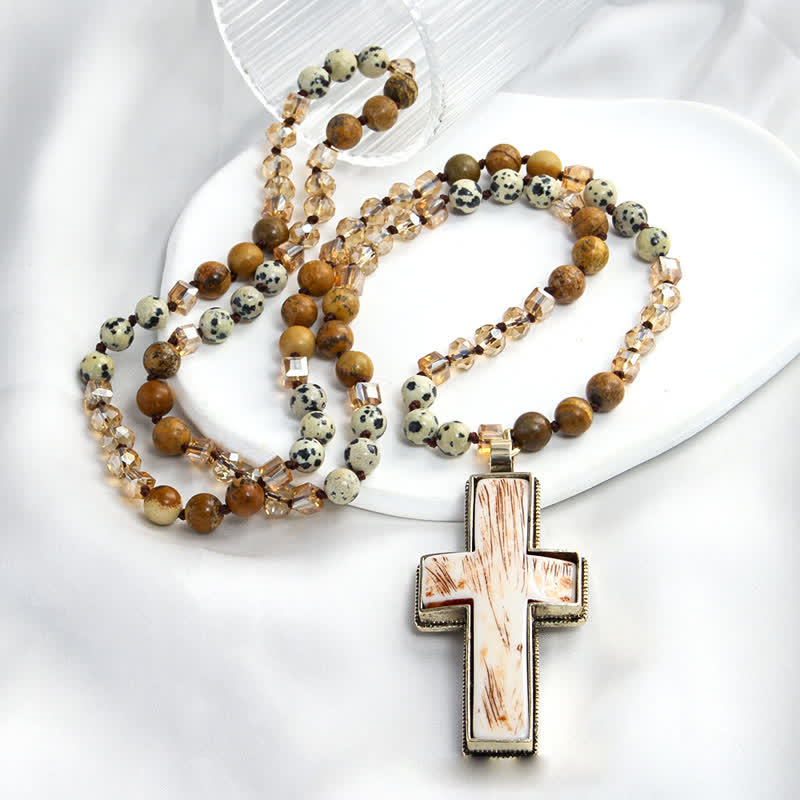 Olivenorma Natural Stone Beads Resin Cross Pendant Necklace - Picture Jasper & Dalmatian Jasper - image 14