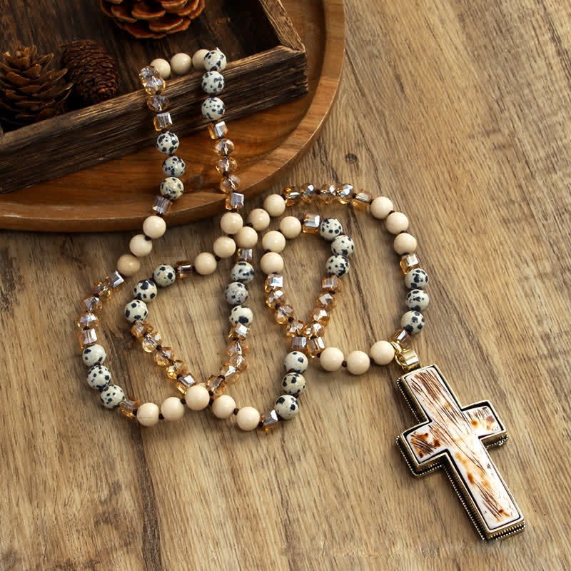 Olivenorma Natural Stone Beads Resin Cross Pendant Necklace - image 17