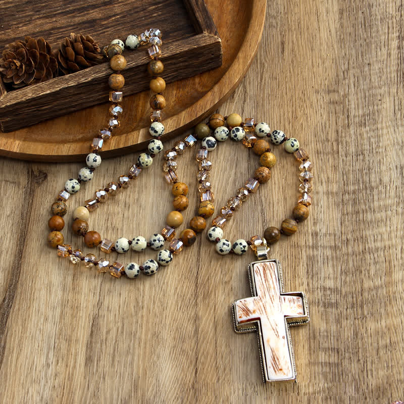 Olivenorma Natural Stone Beads Resin Cross Pendant Necklace - image 15