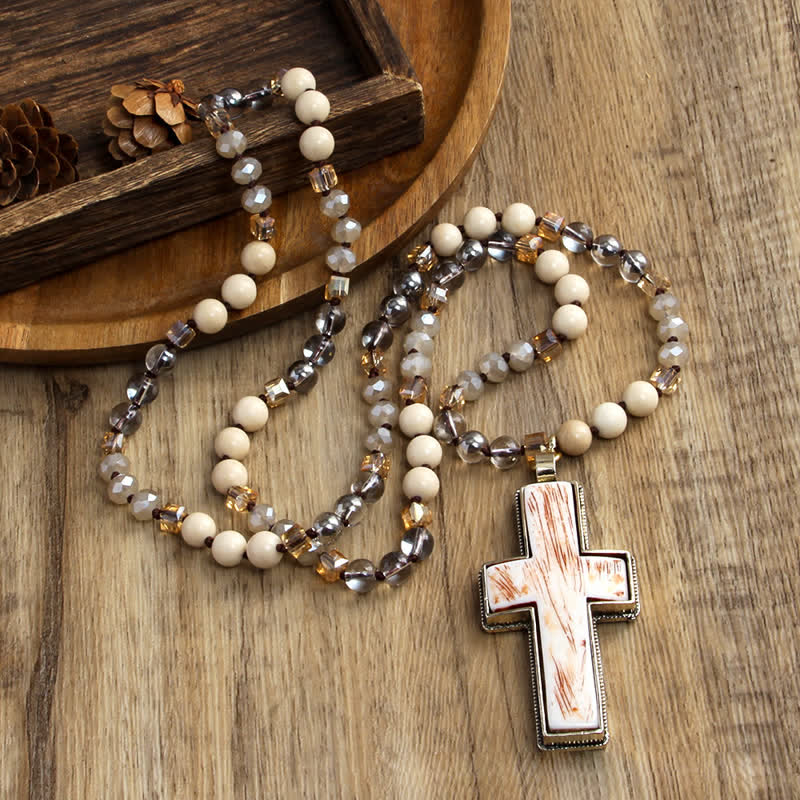 Olivenorma Natural Stone Beads Resin Cross Pendant Necklace - image 12