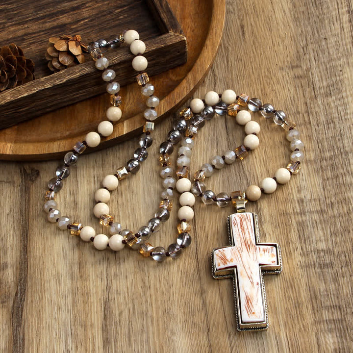 Olivenorma Natural Stone Beads Resin Cross Pendant Necklace - image 12