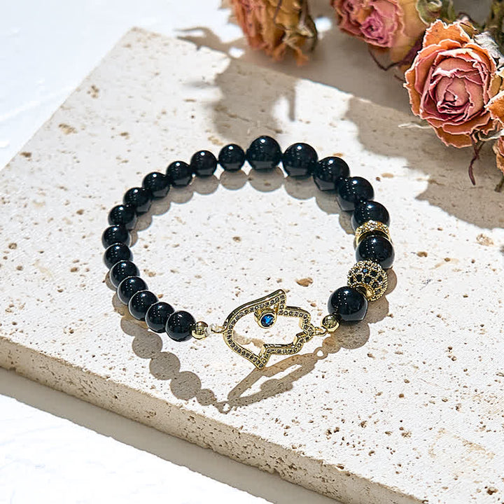 Olivenorma Natural Obsidian Beads Hamsa Pendant Bracelet - image 2