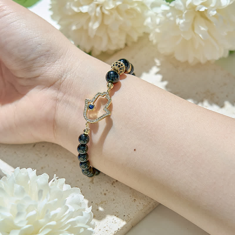 Olivenorma Natural Obsidian Beads Hamsa Pendant Bracelet - image 1