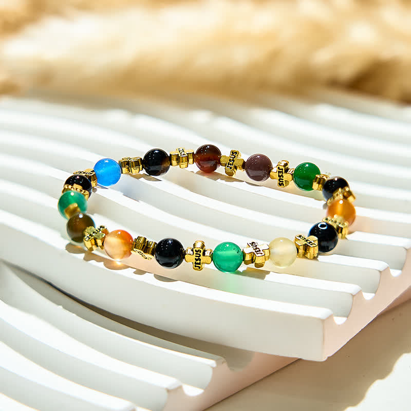 Olivenorma 6mm Natural Color Agate Golden Metal Cross Beads Bracelet - image 4