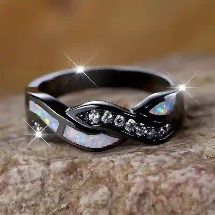 Olivenorma Black Gold Wavy Blue Opal with Zircon Ring - White Opal - US 12 - image 0