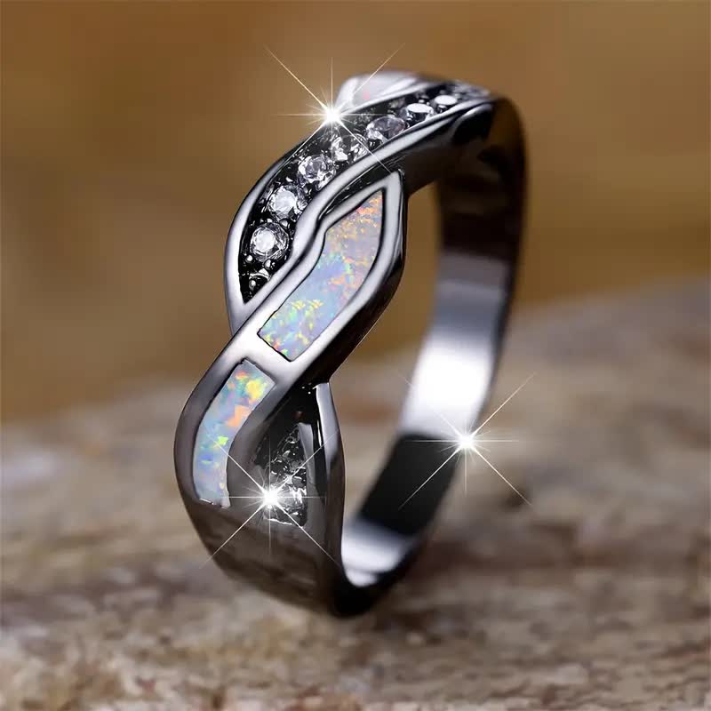 Olivenorma Black Gold Wavy Blue Opal with Zircon Ring - image 2
