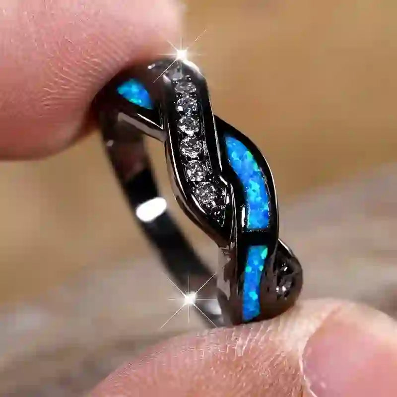 Olivenorma Black Gold Wavy Blue Opal with Zircon Ring - image 8