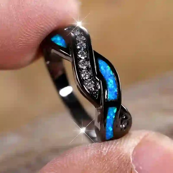 Olivenorma Black Gold Wavy Blue Opal with Zircon Ring - image 8