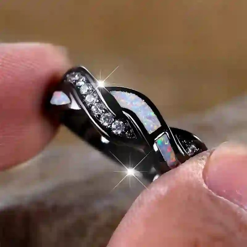 Olivenorma Black Gold Wavy Blue Opal with Zircon Ring - image 3