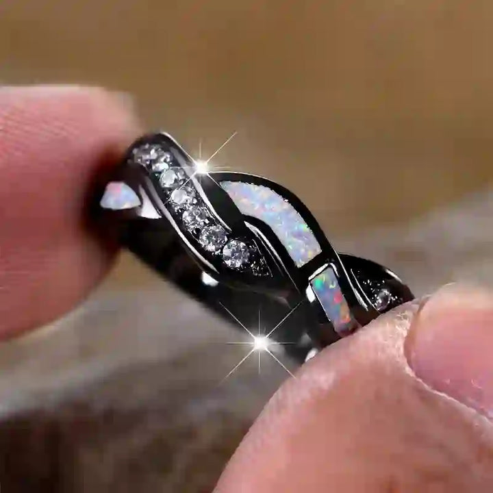 Olivenorma Black Gold Wavy Blue Opal with Zircon Ring - image 3