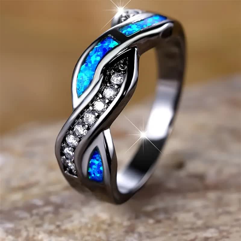 Olivenorma Black Gold Wavy Blue Opal with Zircon Ring - image 9