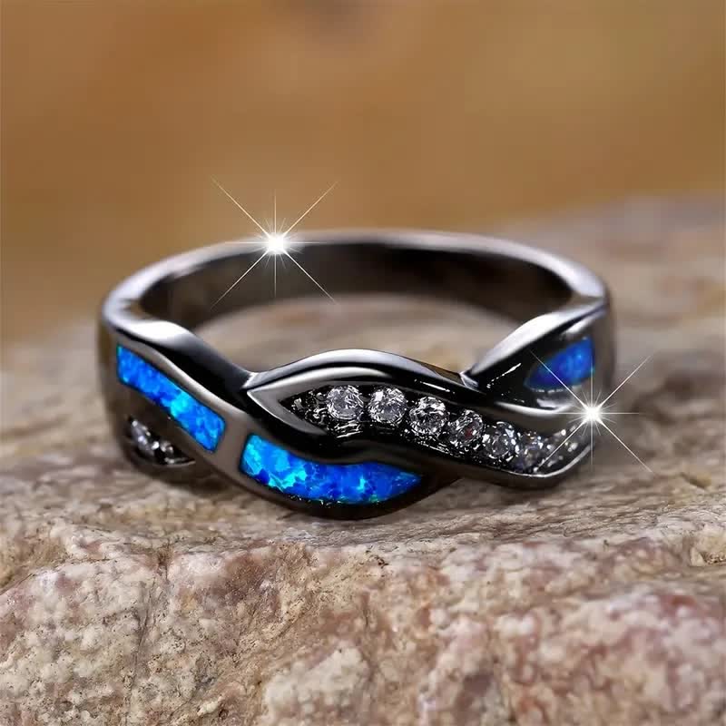 Olivenorma Black Gold Wavy Blue Opal with Zircon Ring - Blue Opal - US 12 - image 4