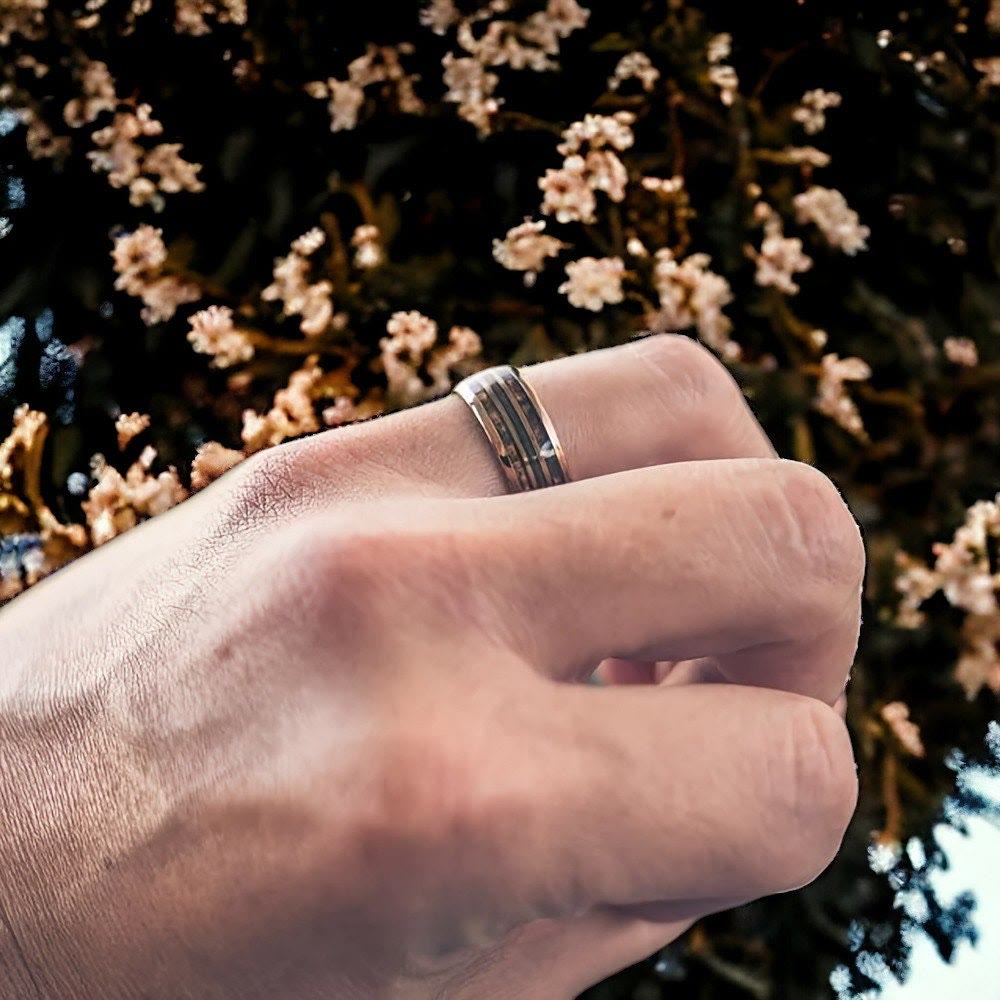 Olivenorma Guitar String Burnt Whiskey Barrel Tungsten Wood Unique Ring - image 1