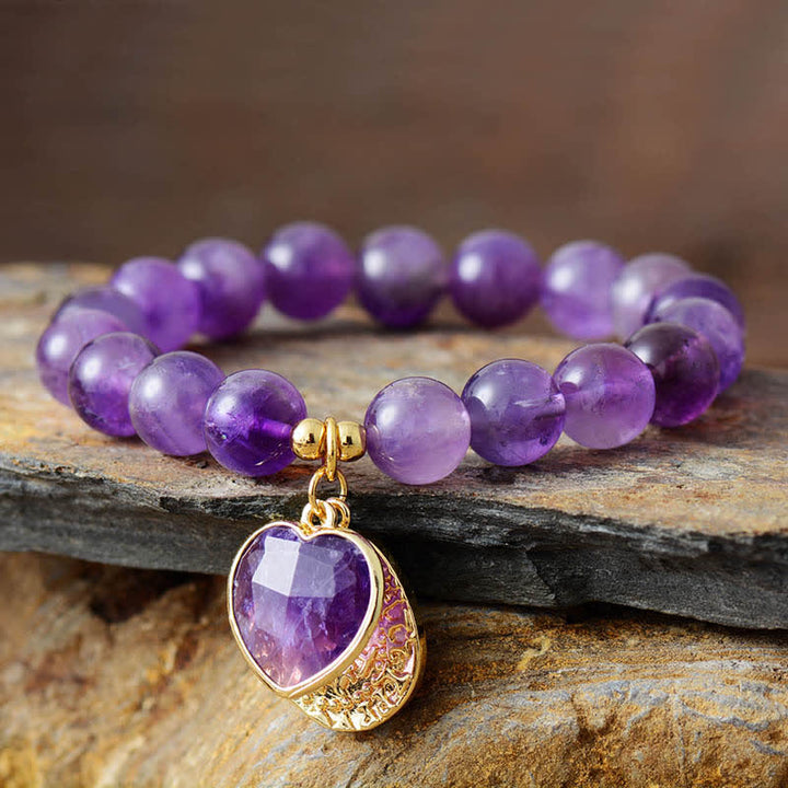 Olivenorma 10mm Amethyst Beads Heart Pendant Bracelet - Amethyst - image 0